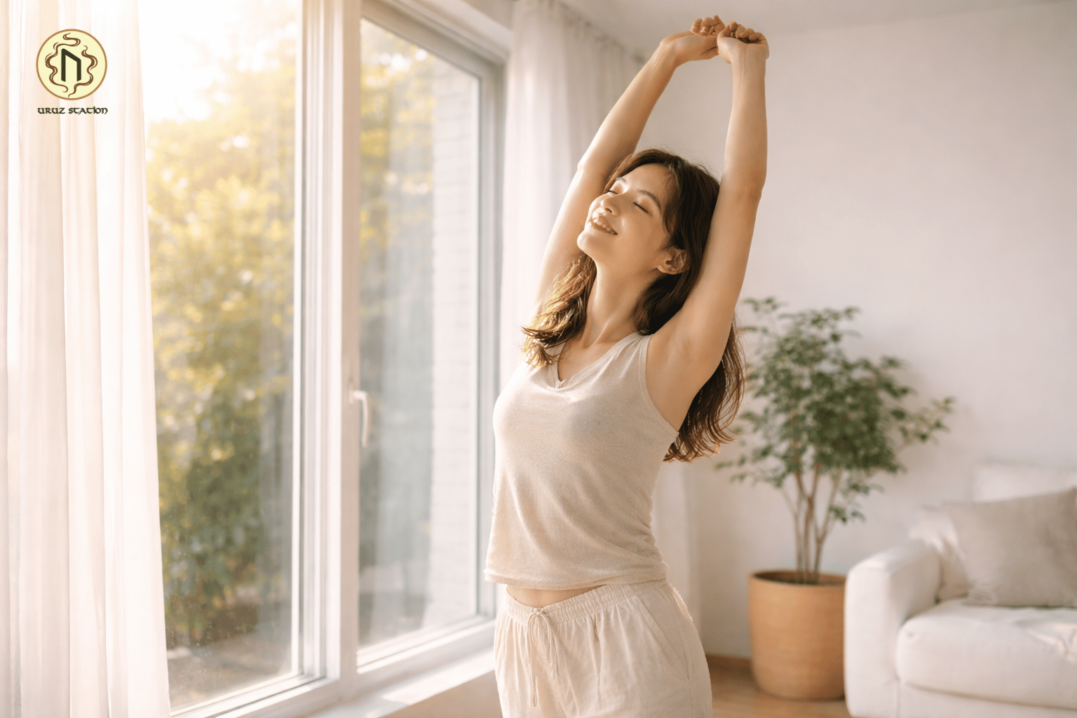 Một động tác giãn cơ nhẹ trước cửa sổ đủ để đánh thức năng lượng tự nhiên từ bên trong